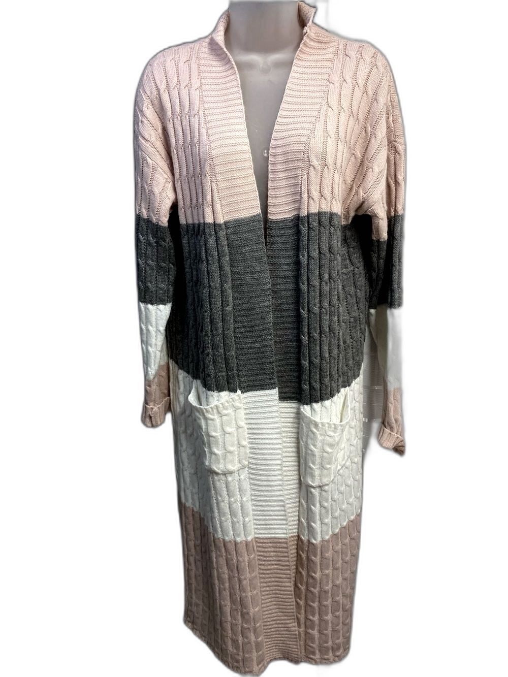 Women’s Color Block Long Knit Cardigan – XL – Pink Gray Cream – Open Front